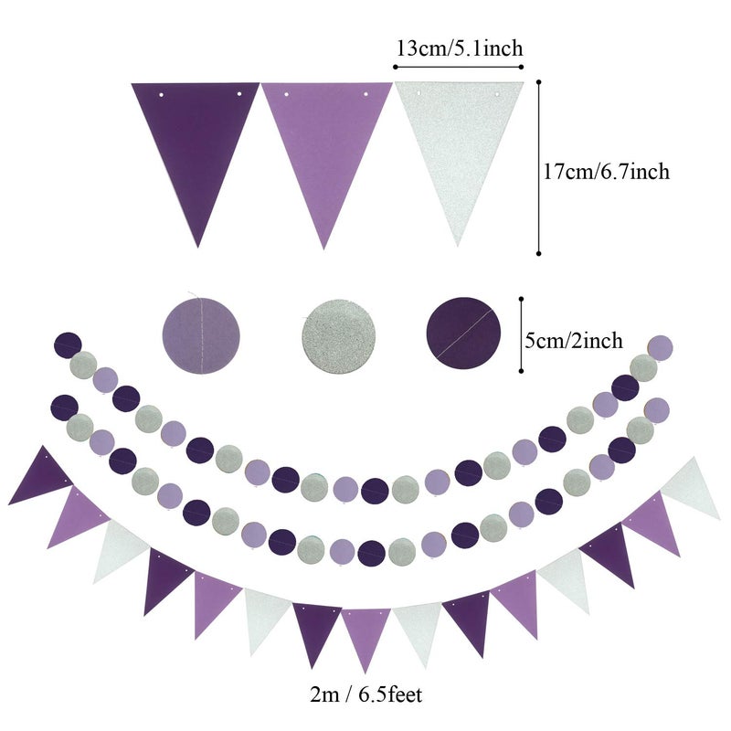 ZERODECO Party Decoration, 21 Pcs Purple and Lavender Hanging Paper Fans, Pom Poms Flowers, Garlands String Polka Dot and Triangle Bunting Flags for Birthday Parties, Wedding, Mermaid Party - Image 5
